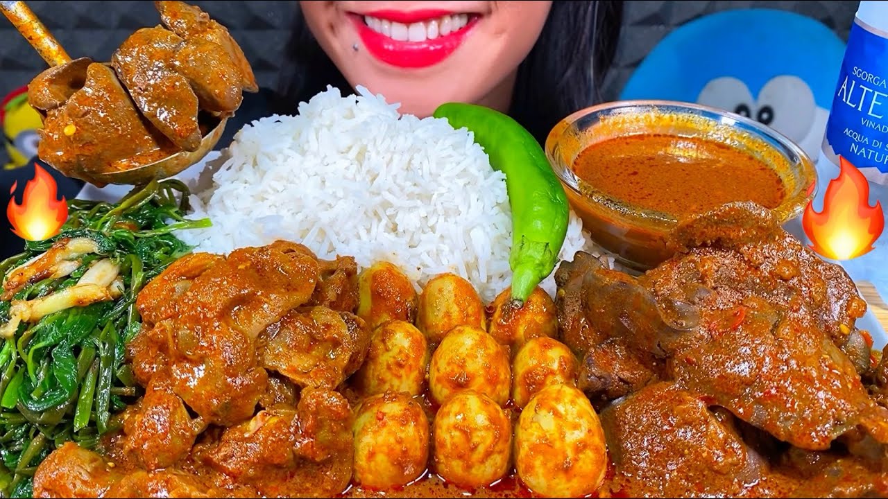 ASMR SPICY CHICKEN LIVER & GIZZARD CURRY, EGG CURRY, WATER SPINACH, RICE MASSIVE Eating Sounds