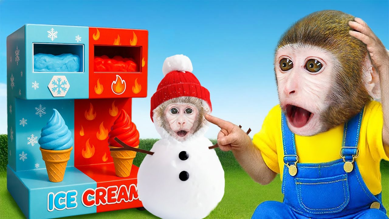 Mono MoMo come helado arcoíris de una máquina automática y juega con mono bebé en el parque