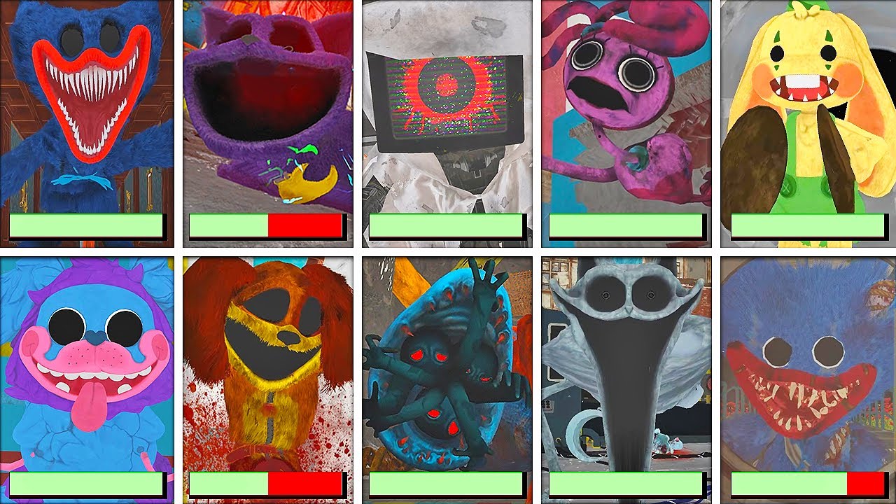 Poppy Playtime, главы 1-4 — все боссы и концовки в ярком режиме с полосками здоровья.