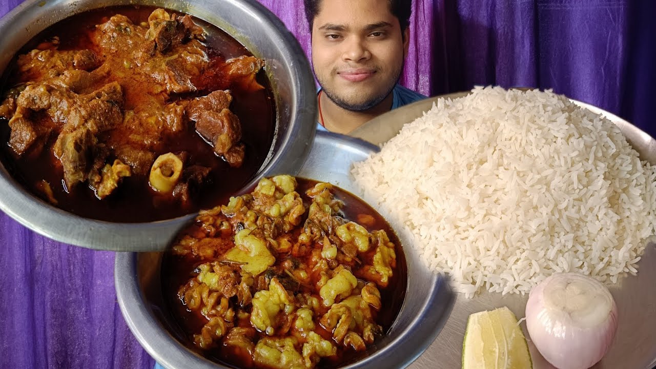 Rice, Spicy Mutton Curry And Spicy Mutton Fat Curry Eating Show.
