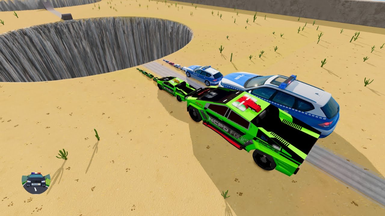 Большие и маленькие полицейские машины и киберполиция Tesla 2077 против гигантской ямы — BeamNG.d...