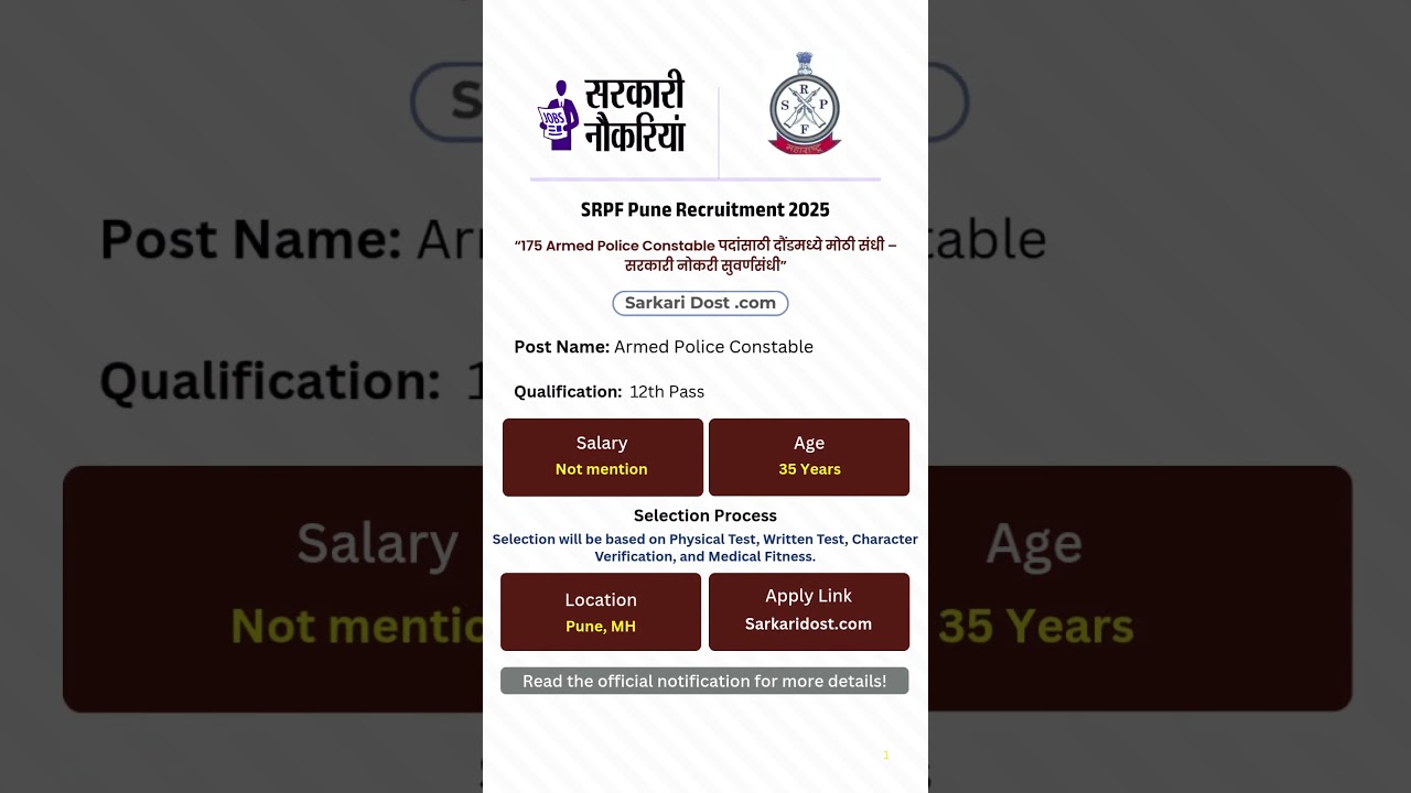 “Daund SRPF 2025 – 175 Armed Police Constable पदांसाठी तात्काळ अर्ज | सरकारी नोकरी Alert”