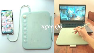 ugee Q6  compact drawing tablet | unboxing, speedpaint, & digital note taking w/ phone and laptop