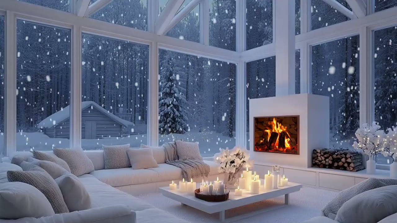 ❄️🎶 Gentle Winter Piano Lounge Escape | Snow Outside, Warm Fire & Flowers | Sleep Focus Meditation
