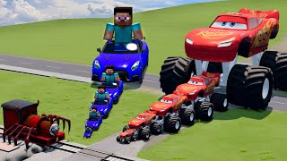 Big \& Small Monster Truck Lightning Mcqueen vs Minecraft Steve vs Train Choo-Choo Charles | Beamng
