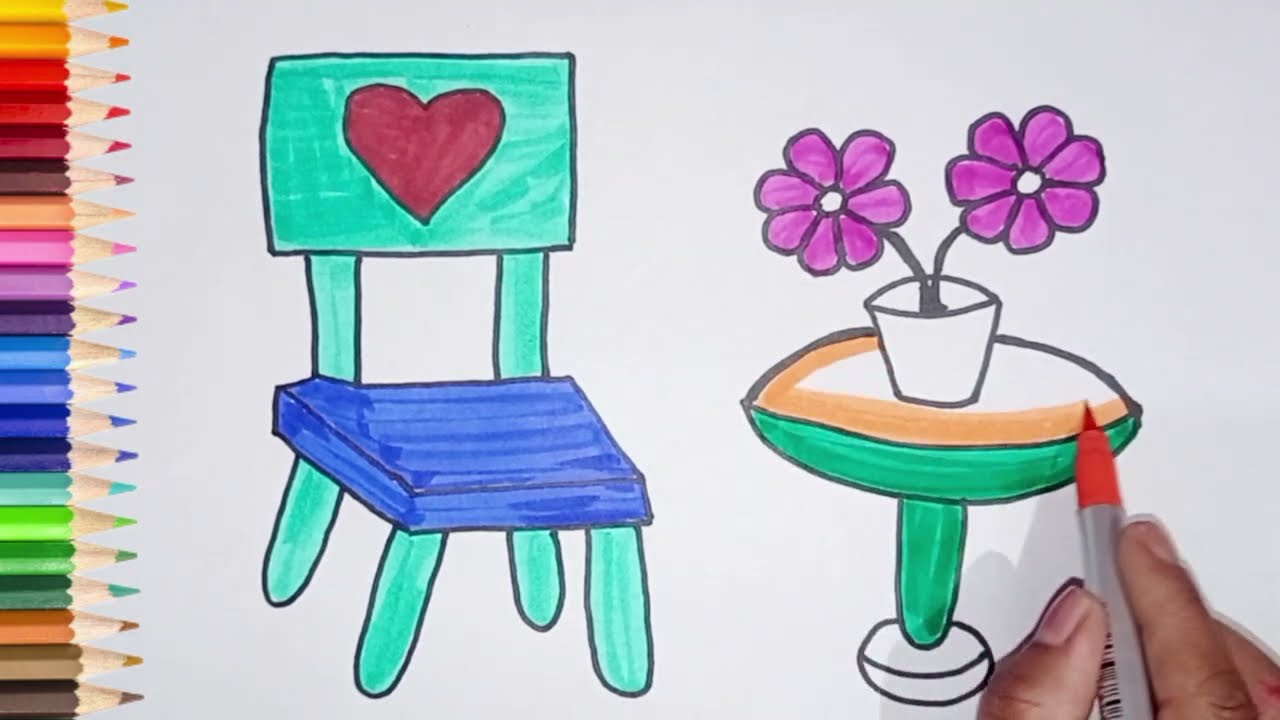 How to Draw Chairs Table / step-by-step Drawing Tutorial : Chairs, Tables and Flowers