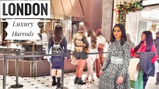 Inside London Harrods, upmarket luxury Department Store. Designer Fashion, fabulous Food Hall. 4K.