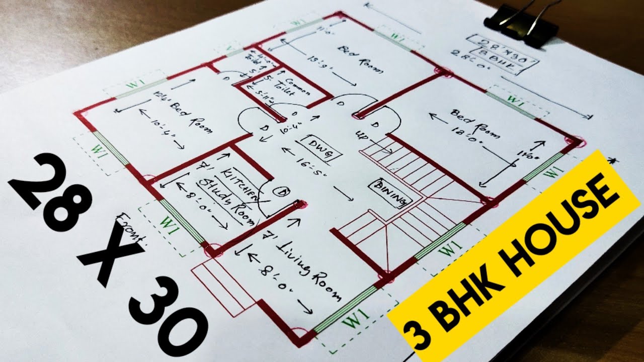 28 x 30 house plan II 28 X30 GHAR KA NAKSHA II 3 BHK HOUSE PLAN