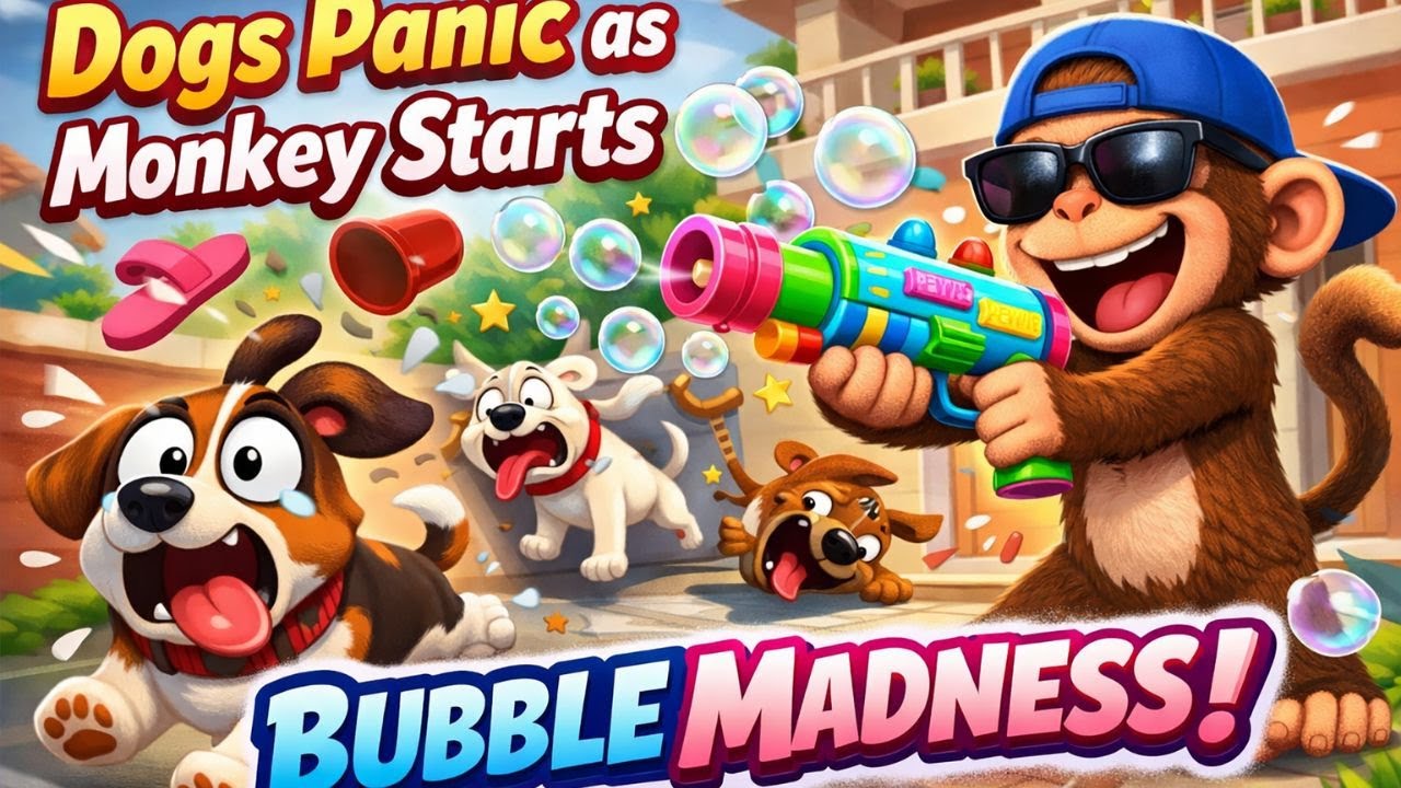 Dogs Panic as Monkey Starts Bubble Madness