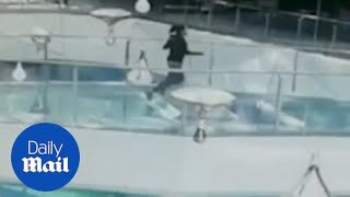 Woman trips and falls face first into a shark tank in Chinese mall