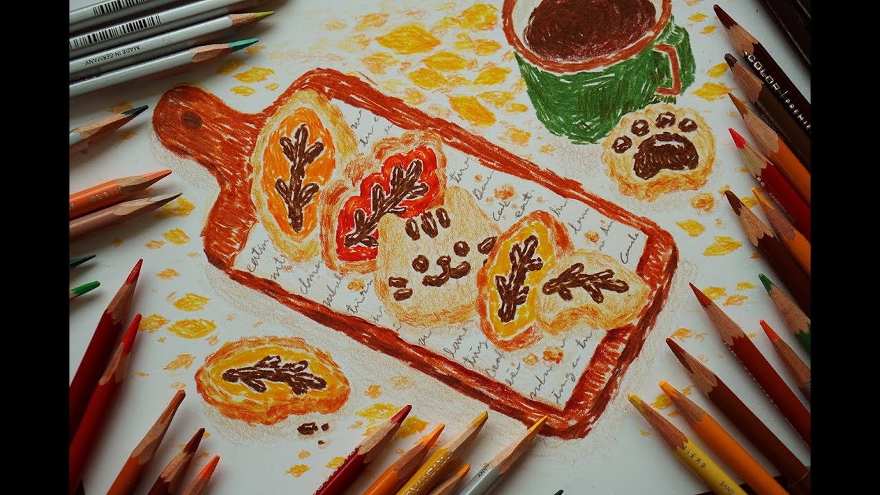 가을 낙엽 쿠키 그리기 / 프리즈마 색연필 / 스테들러 카라트 아쿠아렐