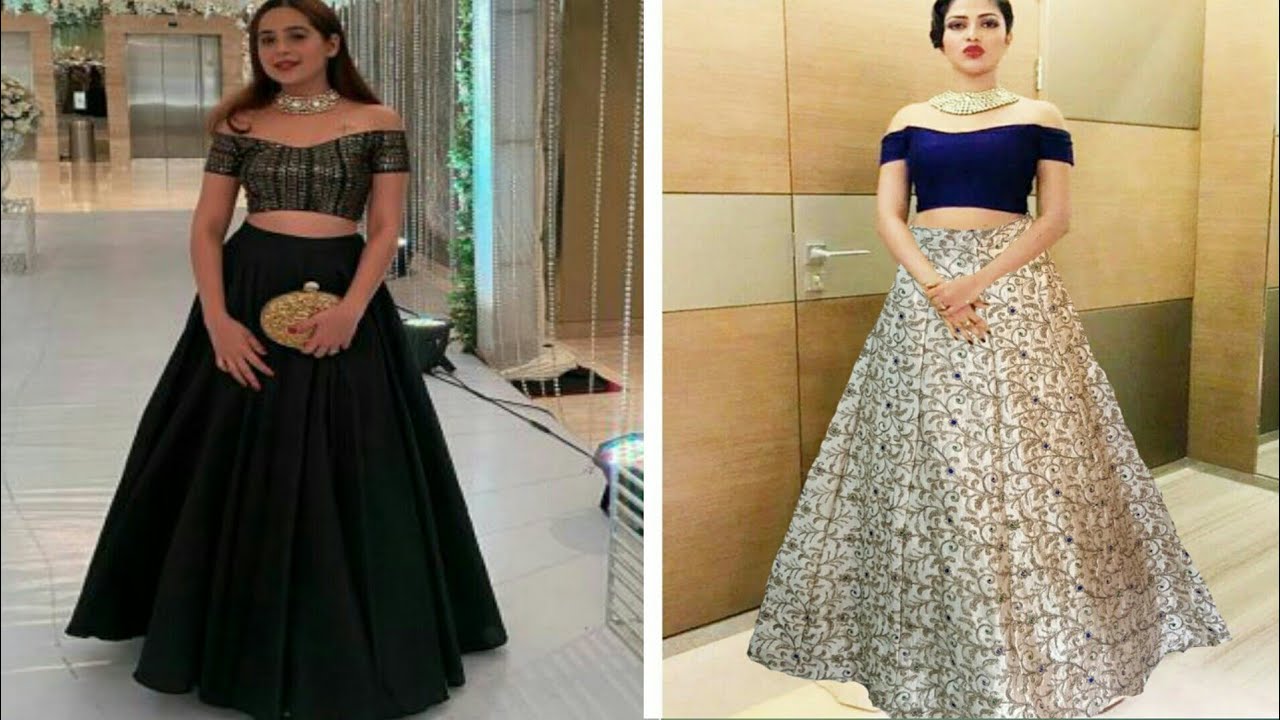 Party wear sholdar less top with lehenga petteran ideas,off shoulder lehenga designs.