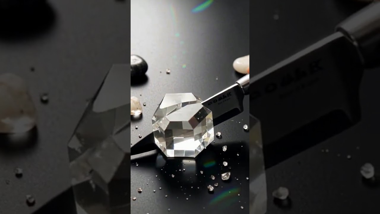 Super-sharp blade slices through obsidian, quartz, diamond—each mineral reacts authentically in micr