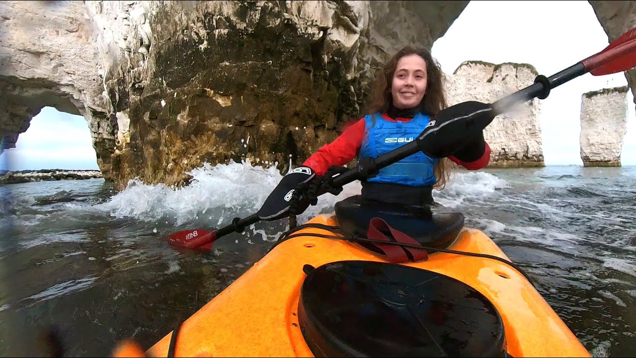 Isabel sea kayaking on Jurassic Coast, Old Harry Rocks, Pinnacles, Caves, Spitfire