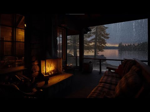 Soothing Rain by the Lake in Cabin House | Heavy Rain, Thunderstorm and Fireplace Crackling