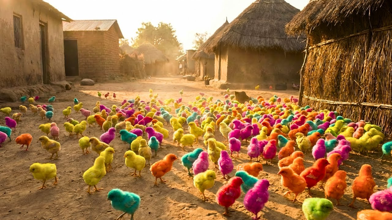 Colorful Baby Chicks Living in Mud Houses  Peaceful Rural Hut Life Scene.🐥🐥