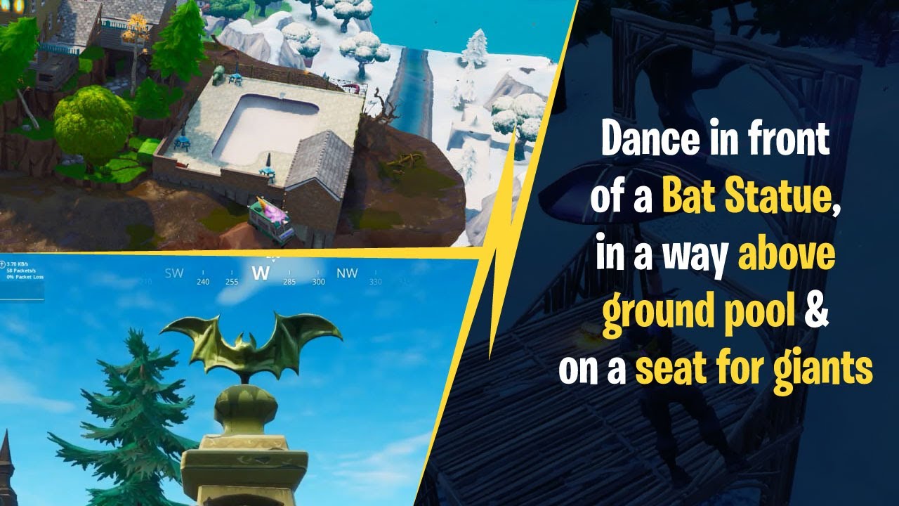 Dance in front of a Bat Statue, in a way above ground pool and on a seat for giants