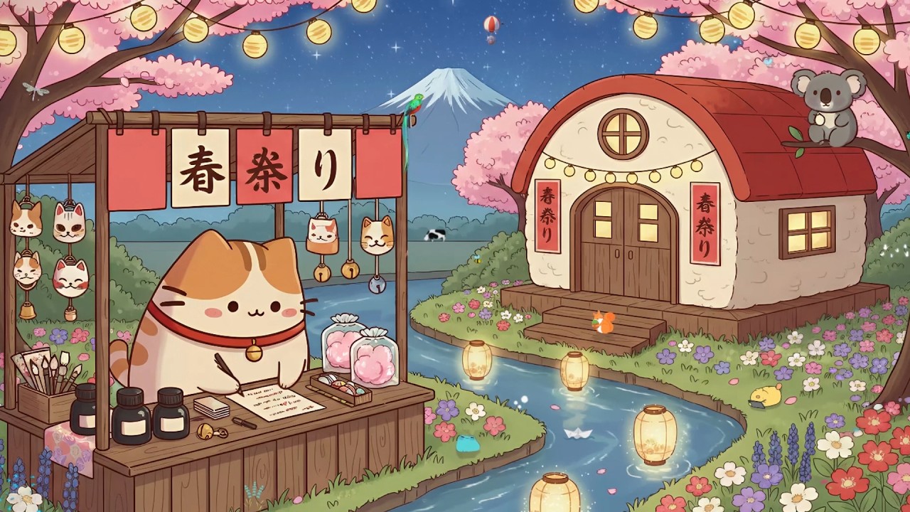 Spring Festival Night with Milky's Cat 🏮 Japanese Lofi Mix 🌸 Relaxing Music for Sleep