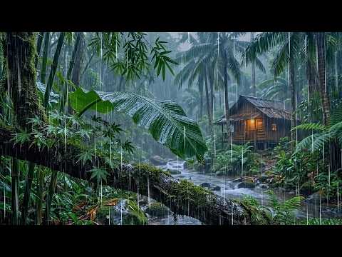 Peaceful Rain in a Forest Cabin ⛈️ Heavy Rain on Forest Stream Cabin | Sleep on a Rainy Day & Relax
