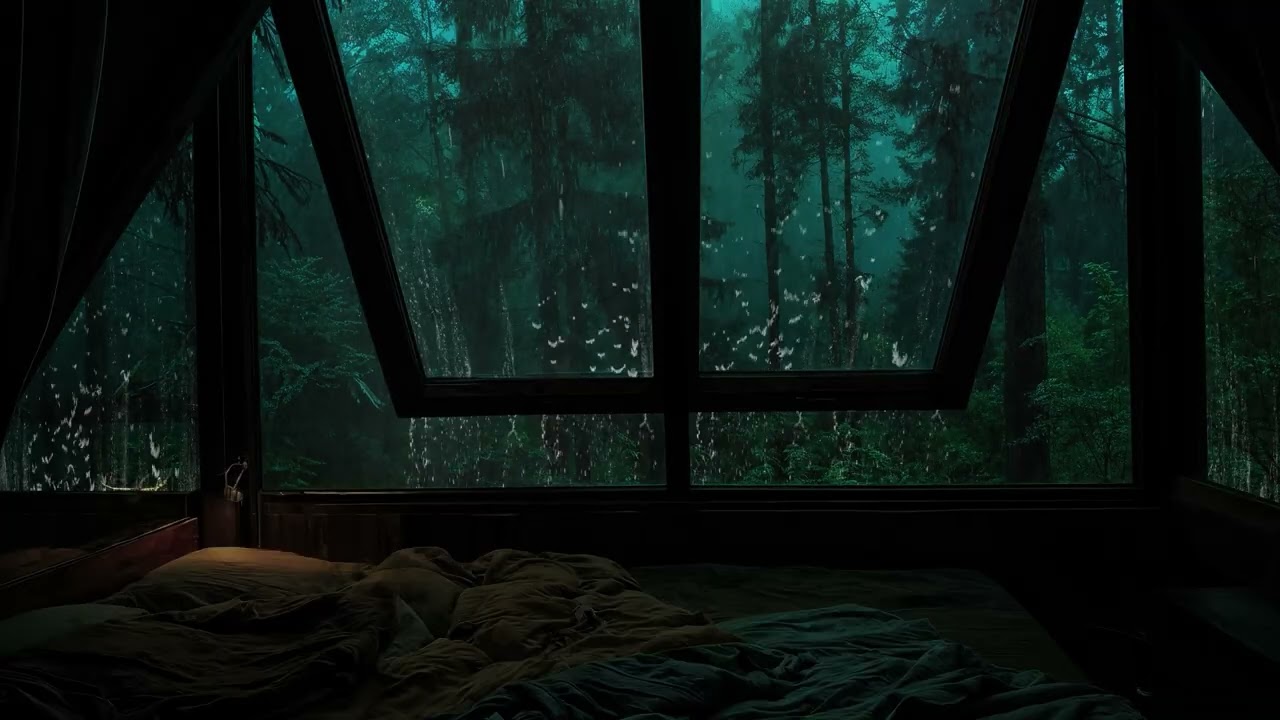 Rain Sounds at a Quiet Forest Cabin Window 🌧️ Dark Bedroom Ambience for Deep Sleep & Relaxation