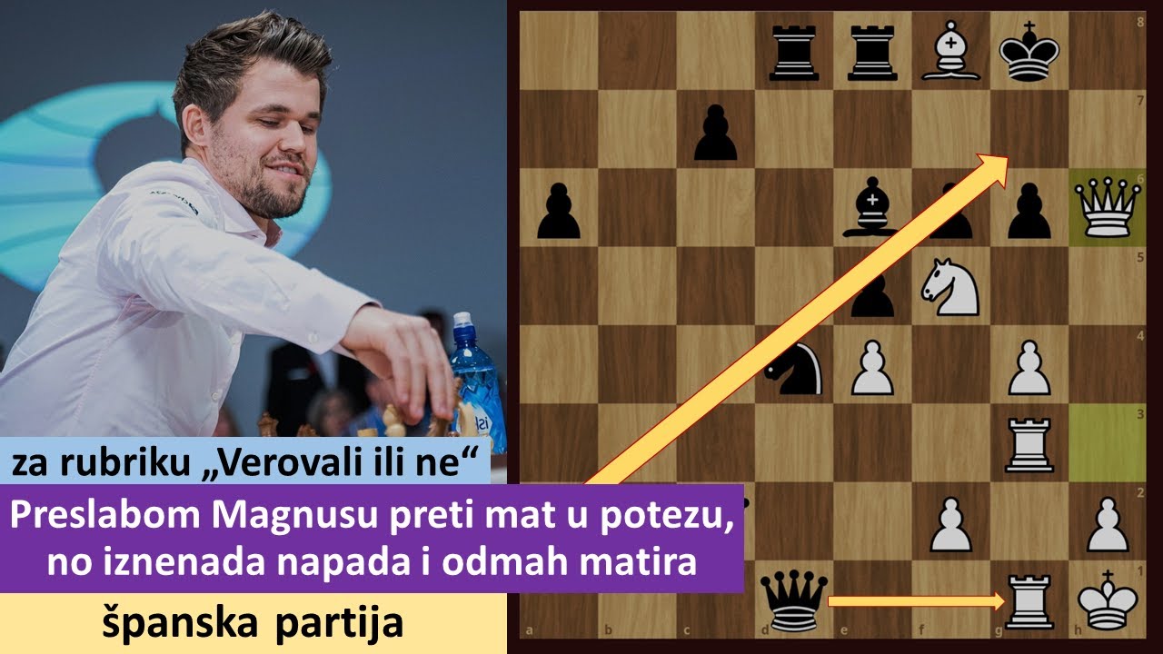 Slabom Magnusu preti mat u potezu, no iznenada napada i za nekoliko sekundi matira - španska partija