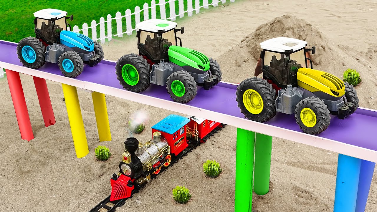 JCB Car - Construction vehicles making mini diy concrete bridge for train, tractor - Toy for kid