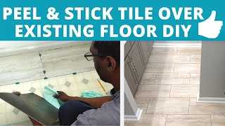 How To Install Peel & Stick Tile Over Tile (Existing Bathroom Vinyl Floor) | DIY Power Couple