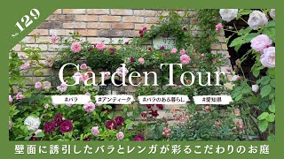 🕊Garden Tour🕊129：壁面に誘引したバラとレンガやアンティーク
