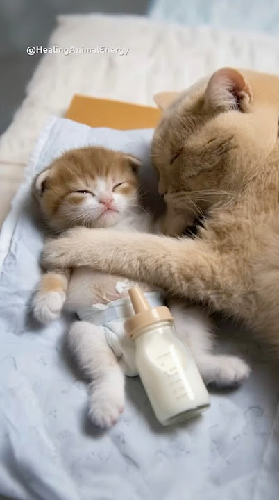 Mother Cat Comforts Her Kitten After Drinking Too Much Milk