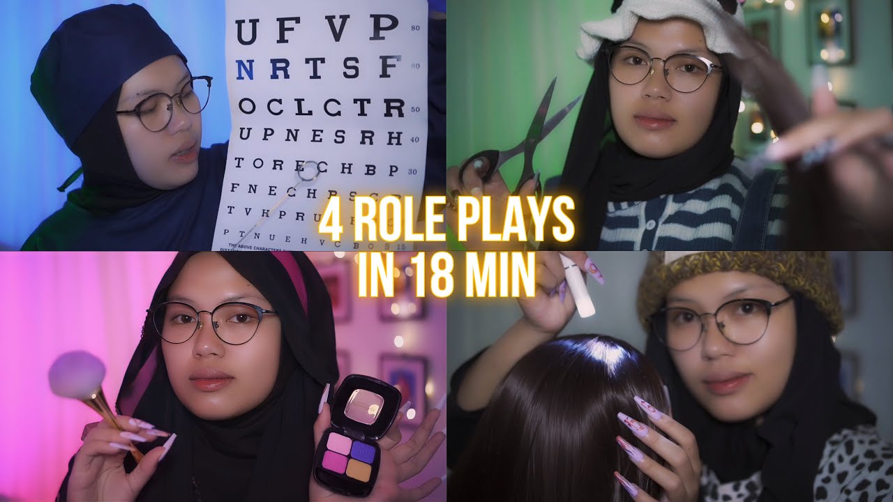 ASMR 4 Roleplays In 18 Minute ( Scalp Check,Eye exam,Doing Your Makeup,Hair Cut Salon )Multiroleplay