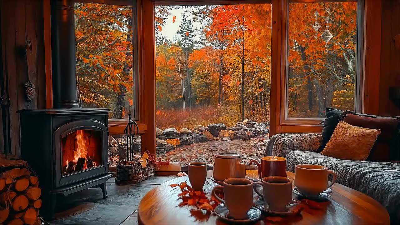 Autumn Cozy Cabin 🍁 Piano Music & Crackling Fireplace & Autumn Nature ...