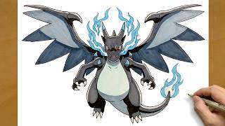 How To Draw Mega Charizard X From Pokemon | Epic Realistic Colored Marker Drawing Masterclass