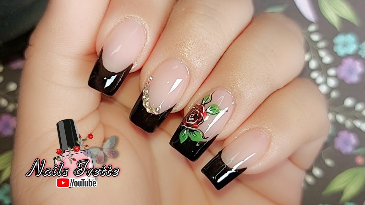 Diseño de uñas francés negro / Uñas Decoradas con Rosa paso a paso /  Decoración de uñas cristales - YouTube