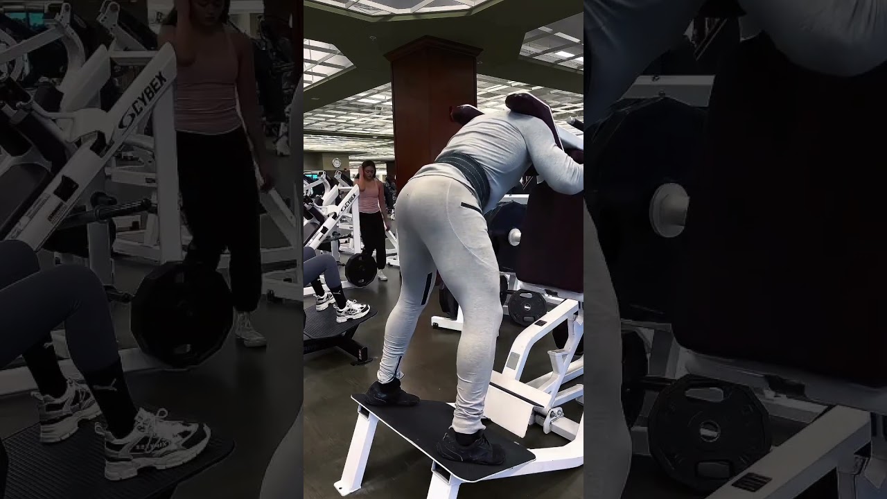 If you’re trying to isolate your glutes more on the squat machine use a wider stance and keep your