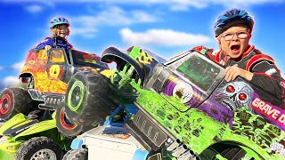 Braxton and Ryder Driving Monster Trucks on Construction Yard - Monster Truck Kids Fun