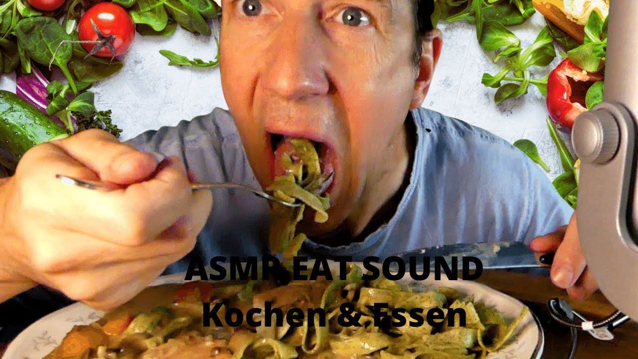 ASMR Mukbang, ASMR Eat Sound Kochen mit Gemüsesauce und Bärlauch Nudeln ...