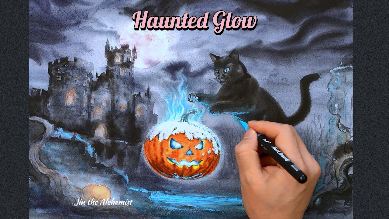 Relaxing Watercolor #16 | Halloween Night Painting – Haunted Pumpkin & Black Cat | ハロウィンの夜の魔法