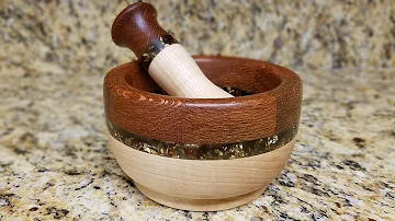 Woodturning...Mortar and Pestle with Maple, Lacewood and Gold Leaf Flaked Resin