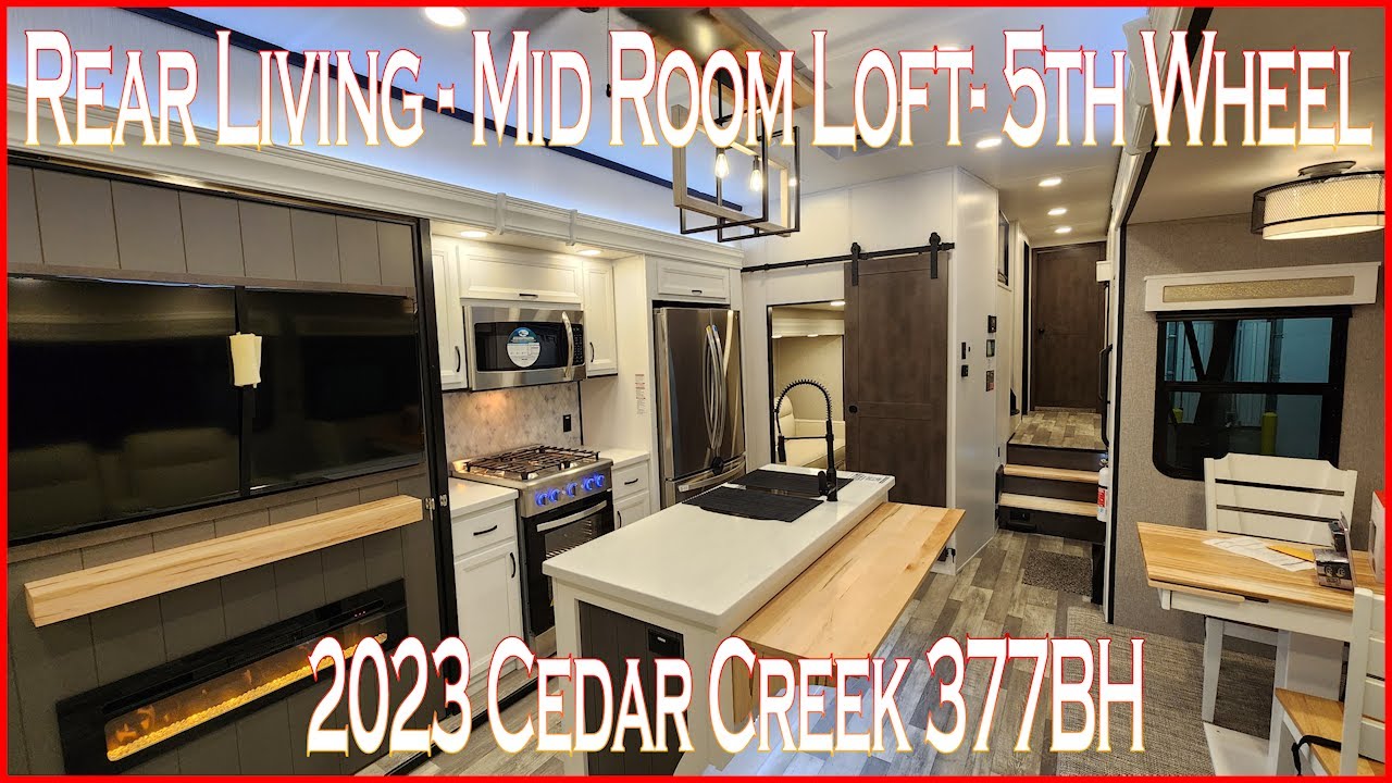 Rear Living Mid Room Loft 2023 Cedar Creek 377BH Fifth Wheel by Forestriver RVs at Couchs RV