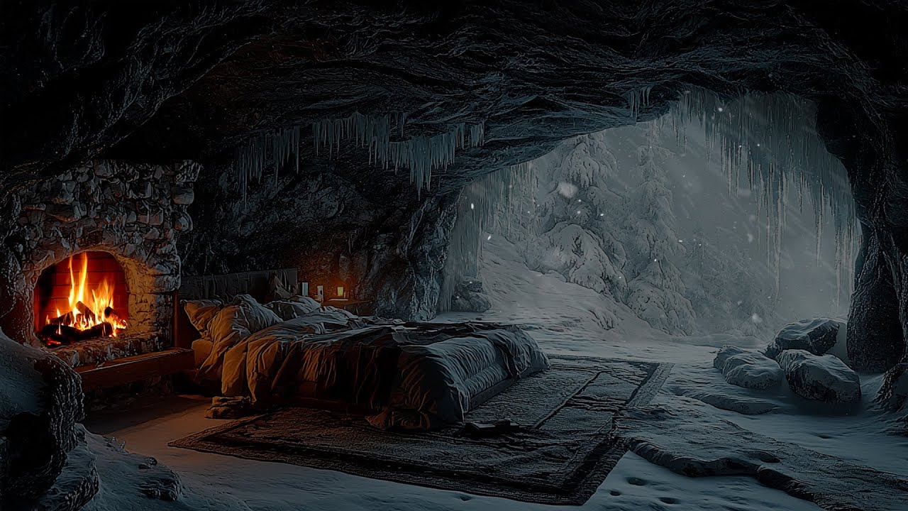 Snowstorm Outside a Cozy Stone Cabin | Fireplace & Blizzard Ambience ...