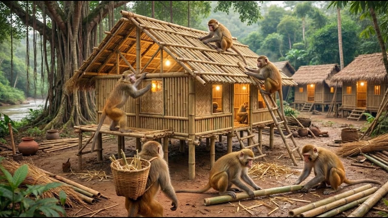 Incredible Monkeys Building a Bamboo House to Escape the Storm | Amazing Teamwork