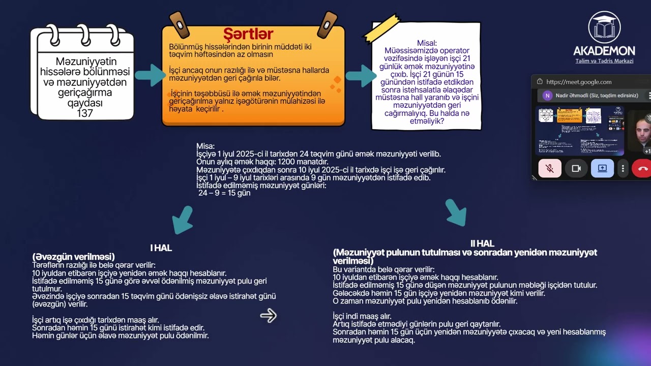Məzuniyyətin hissələrə bölünməsi və məzuniyyətdən geriçağırma qaydasının misallar üzərindən izahı