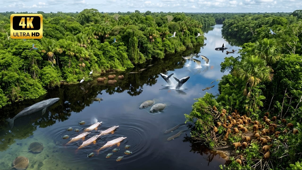 Relaxing in the Amazon 🌿  The Magical Black Water Mirror Uakari Monkeys & Pink River Dolphins 4K Na