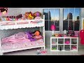 Barbie sisters bunk bed bedroom morning routine  playing with doll house bathroom tub