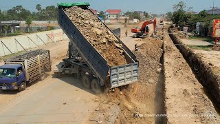 Amazing Powerful Dump Truck Dumping Rocks Fill Side Road Building Foundation Technology Construction