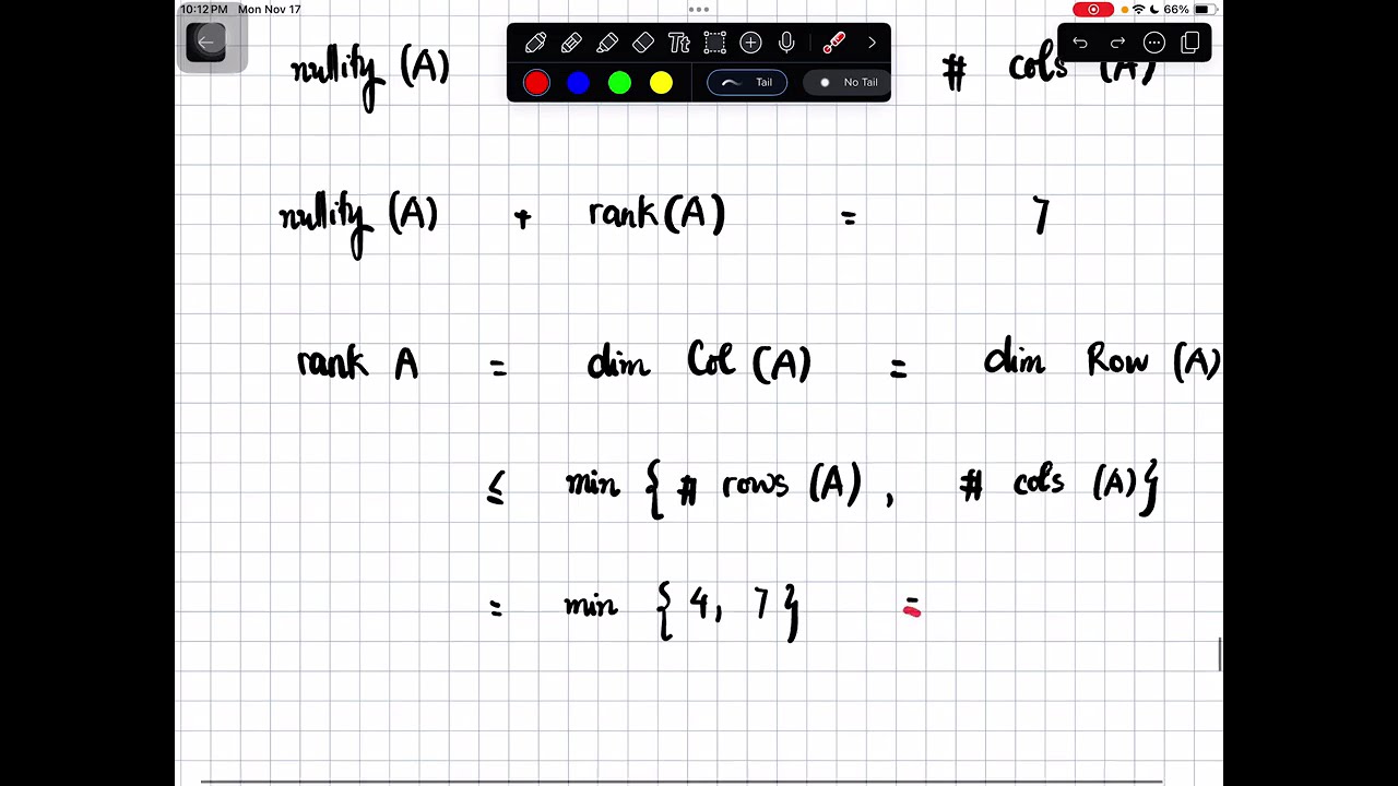 rank nullity theorem min max nullity for A 4x7 matrix