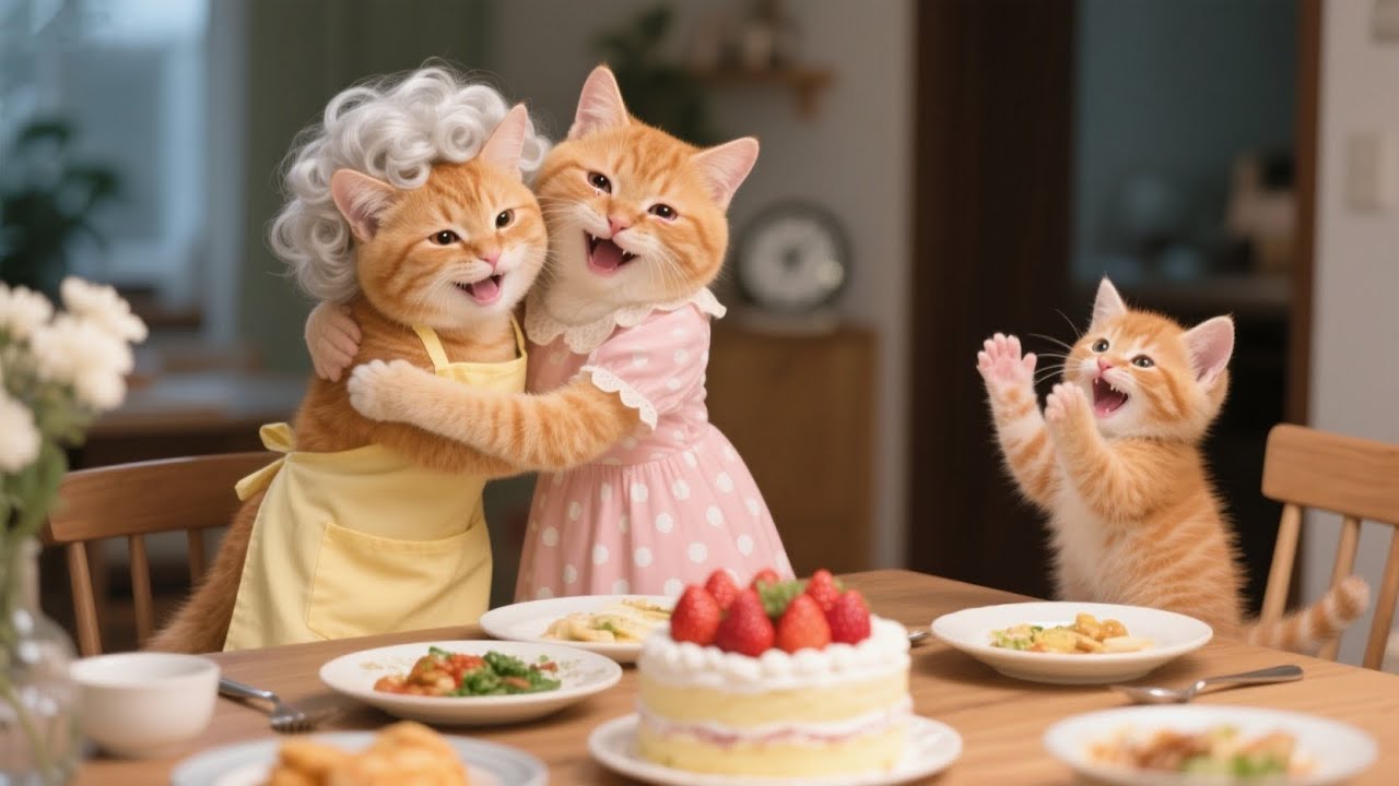 Busy Mama Cat Missed Her Mother and Mom's Strawberry Cake – So Kitten Secretly Planned a Surprise!🎉🎉