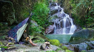 Solo Bushcraft Overnight - Fishing and roasting chicken thighs on rocks, sounds of nature, ASMR