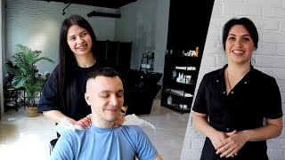 Massage By 2 Barber Sisters | Asmr Head, Neck And Face Massage By Vika And Lena In Barbershop