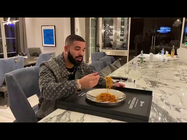 Drake Eats Spaghetti out of his Spotify Plaque Wearing a $2,670 Louis  Vuitton Giant Damier Waves Monogram Denim Jacket – Fashion Bomb Daily